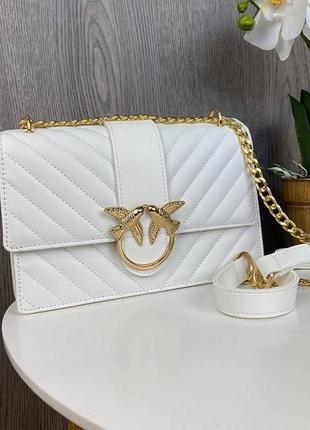 Модная женская мини сумочка на цепочке белая золотистая