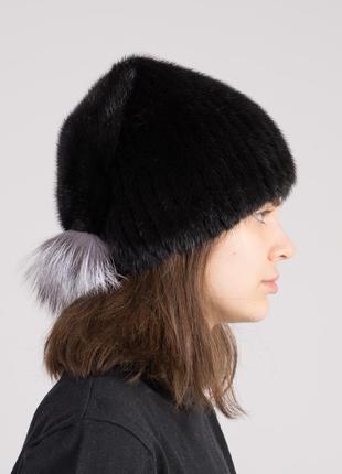 Женская вязаная зимняя теплая меховая шапка из норки