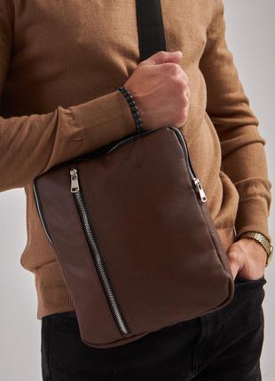 Мужская коричневая сумка планшет через плечо Vertical экокожа