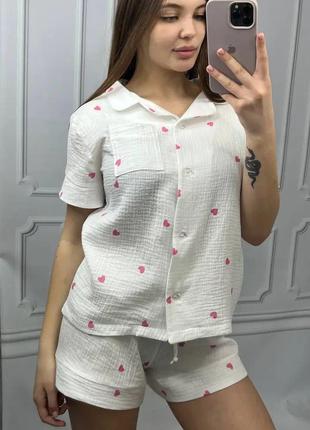 Муслиновая женская пижама белая с розовими сердечками Рубашка+...