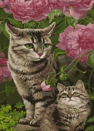 Картина по номерам "Котикики в цветах" ★★★★