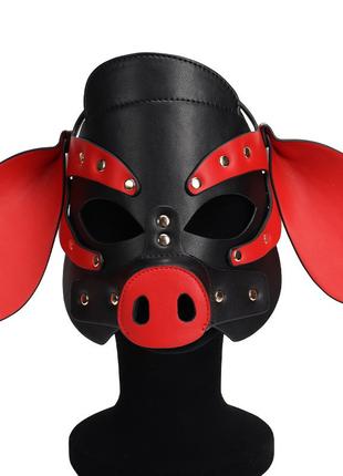 Бдсм маска голова свиньи Leather Pig Mask Black and Red 18+