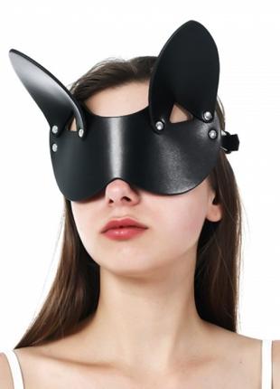 Черная кожаная маска на глаза с ушками Kitty Bondage Mask 18+