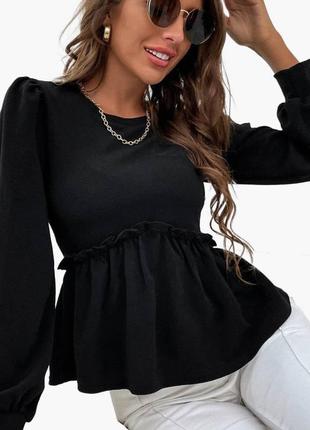Черная блуза с обьемными рукавами и воланами от shein