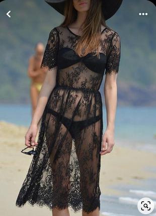 Мереживна пляжна туніка-сукня міді