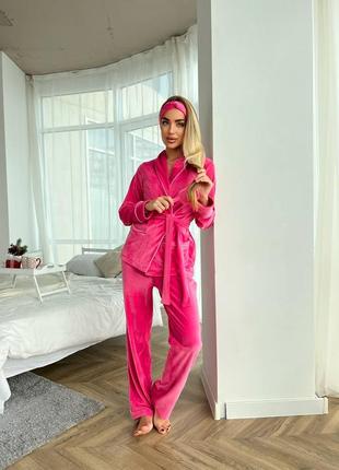 Домашний костюм пижама велюр (штаны+кофта+повязка)  розовый, ч...