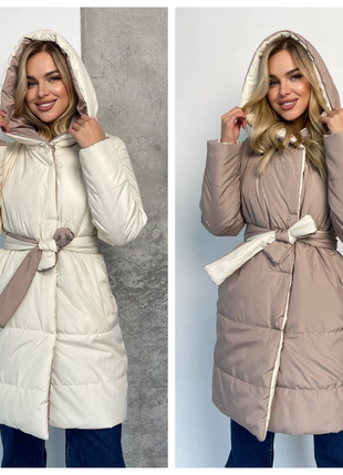Куртка (пальто) двостороння жіноча довга з капюшоном осінь/зим...