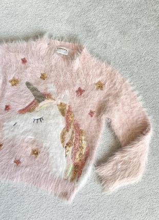Розовый пудровый пушистый свитер травка с пайетками с единорогом