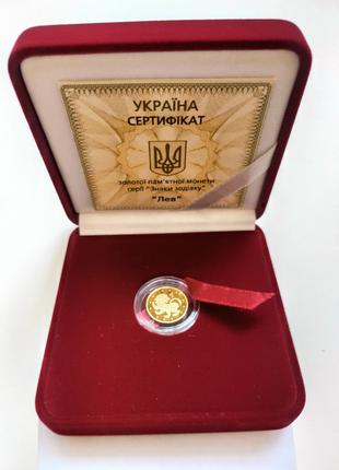 Золотая монета Лев в футляре 2 гривны 2008 года 999,9 проба НБ...