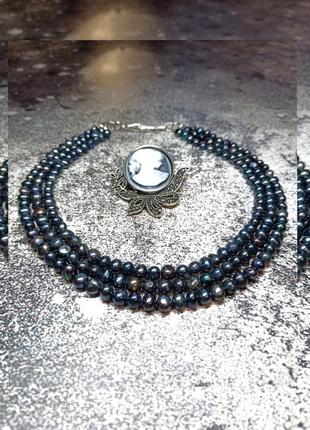 Ожерелье колье три ряда черный жемчуг натуральные
