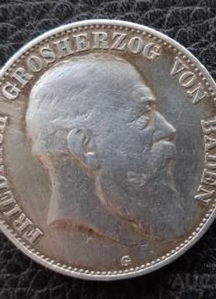 Німецька імперія - Германская империя БАДЕН 5 марок 1907 срібл...