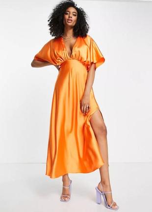 Платье миди атласное однотонное asos оранжевое