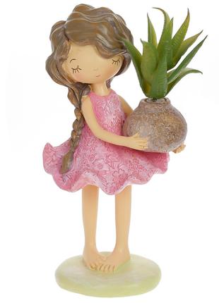 Декоративная статуэтка Девочка с цветком, 21см, цвет - розовый