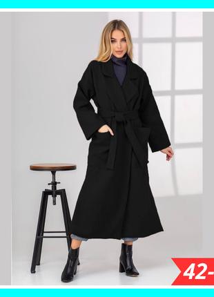 Длинное кашемировое женское демисезонное черное пальто, Стильн...