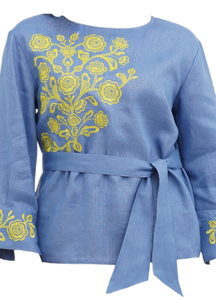 Блуза галина синяя с вышивкой, льняная, галерея льна, 44-54рр.