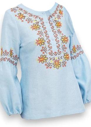 Блуза павильна голубая с вышивкой, льняная галерея льна, 42-54рр