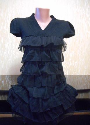 Суперовая туника-платье черная с рюшиками и теплой основой#роз...