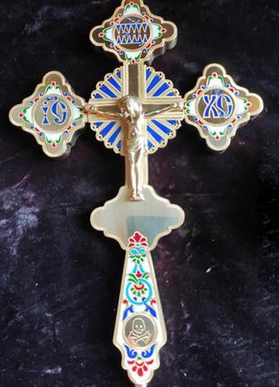 Крест большой в руку из латуни с эмалью