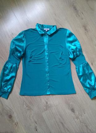 Нарядная женская бирюзовая блуза трикотаж + атлас с интересным...