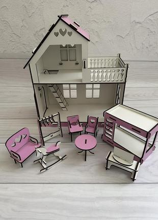 Детский деревянный двухэтажный сборный домик для кукол с терра...