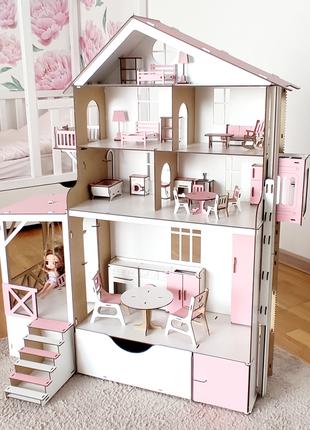 Деревянный кукольный детский домик сборный трехэтажный для кук...