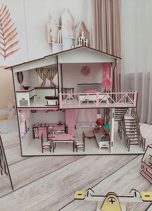 Кукольный деревянный самосборный розовый домик для кукол с меб...