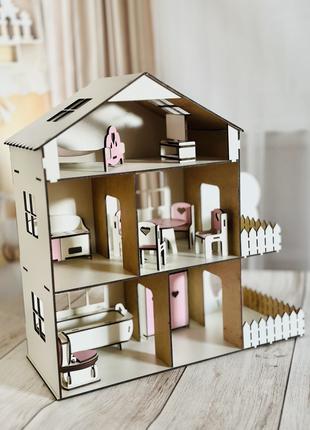 Деревянный самосборный игрушечный домик розовый для кукол с те...