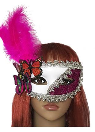Венецианская маска карнавальная женская загадка белая с малиновым