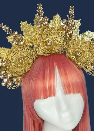 Аксессуар новогодний обруч женский корона блеск золото