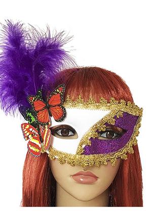 Венецианская маска карнавальная женская загадка белая с сиреневым