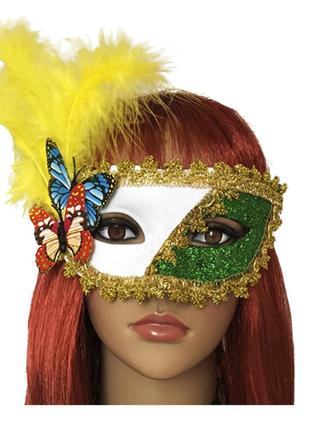 Венецианская маска карнавальная женская загадка белая с зеленым