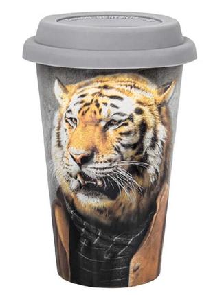 Чашка стакан с силиконовой крышкой тигр 4617