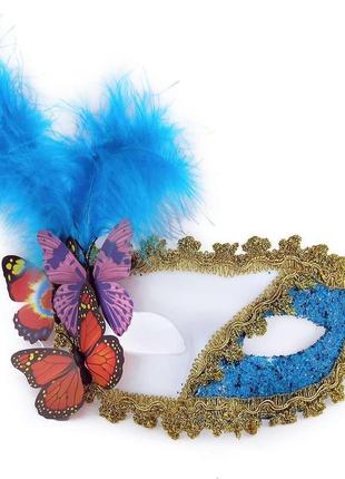 Венецианская маска карнавальная женская загадка белая с голубым
