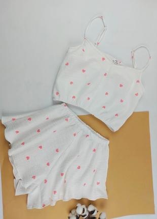 Муслиновая женская пижама Розовие сердца на белом топ+шорти