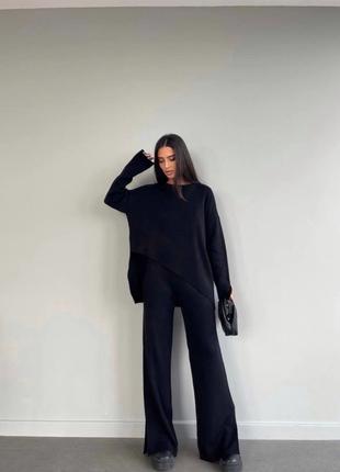 Стильный костюм асиметричная кофта+штаны с разрезами черный