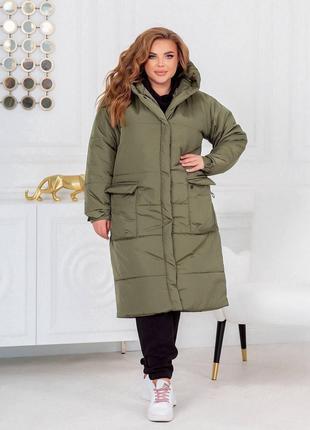 Женская теплая куртка-пальто с капюшоном цвет хаки р.42/44 448985