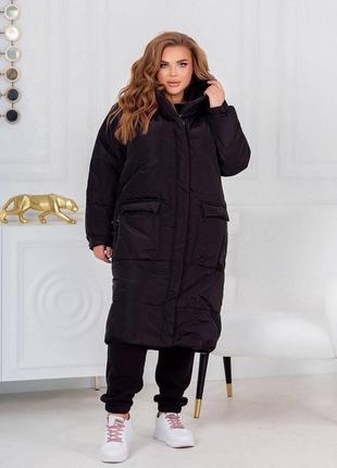 Женская теплая куртка-пальто с капюшоном цвет черный р.42/44 4...