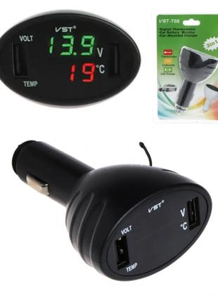 Автомобильный термометр вольтметр USB зарядка VST 708-2 чёрный...