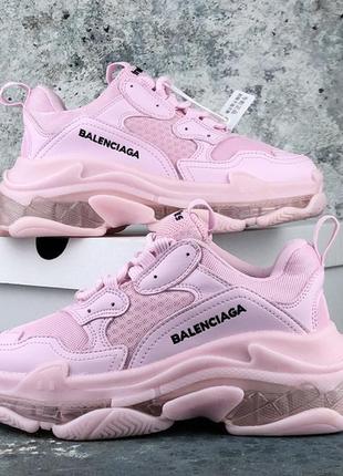 Женские розовые кожаные кроссовки баленсиага triple s pink. де...