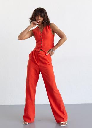 Женский брючный костюм с жилеткой - оранжевый цвет, L
