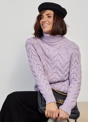 Женский свитер из крупной вязки в косичку - лавандовый цвет, L