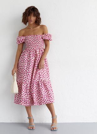 Платье в мелкие цветы с открытыми плечами - розовый цвет, M