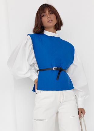 Блуза с объемными рукавами с накидкой и поясом ELISA - синий ц...