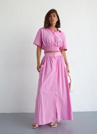 Летний юбочный костюм на пуговицах - розовый цвет, 40р