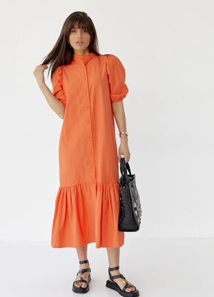Длинное платье на пуговицах с оборкой по низу - оранжевый цвет, M