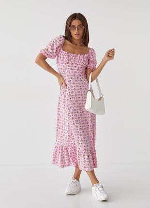 Длинное цветочное платье с оборкой hot fashion - розовый цвет, M