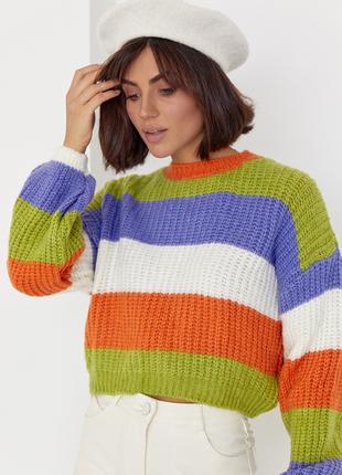 Укороченный вязаный свитер в цветную полоску - оранжевый цвет, L