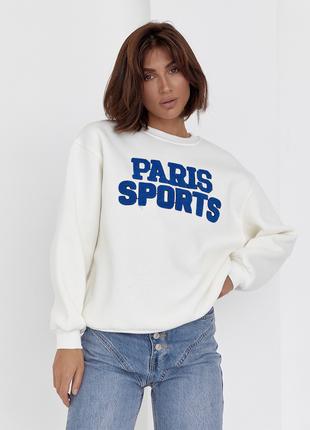 Теплый свитшот на флисе с надписью Paris Sports - молочный цве...
