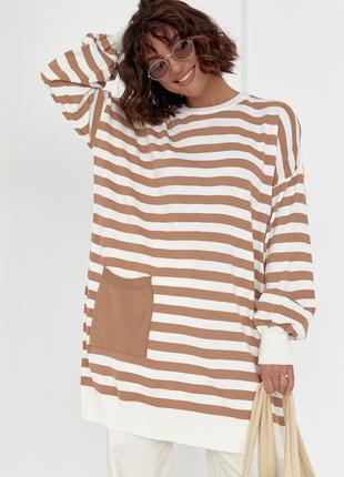 Жіноча туніка в смужку з кишенею - кавовий колір, L