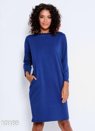Трикотажное прямое синее платье с карманами, размер S